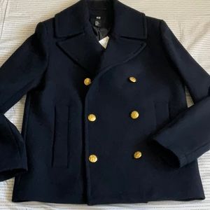 H&M Men's Wool Blend Pea Coat Double Breasted Dress Coat, Navy Blue,New with Tag